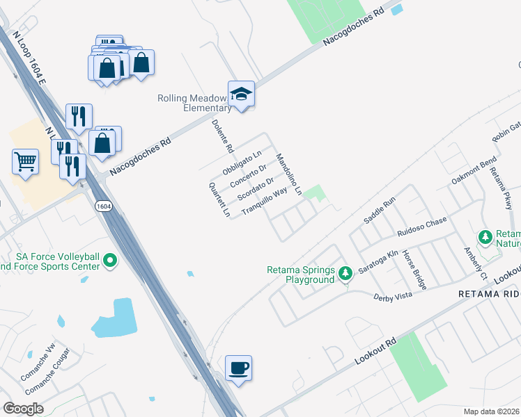 map of restaurants, bars, coffee shops, grocery stores, and more near 7350 Tranquillo Way in San Antonio