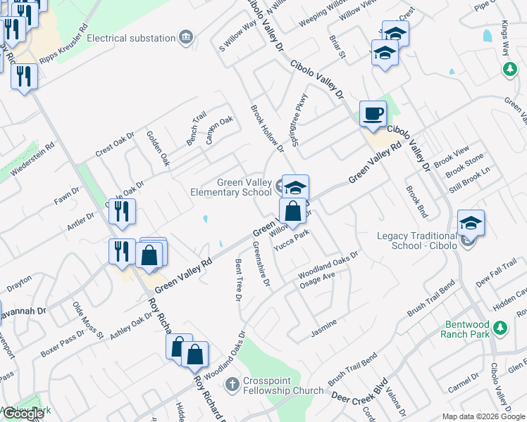 map of restaurants, bars, coffee shops, grocery stores, and more near 3914 Windy Brook in Schertz