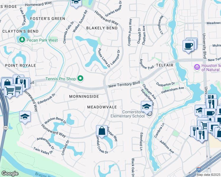 map of restaurants, bars, coffee shops, grocery stores, and more near 70 Bridgeton Court in Sugar Land
