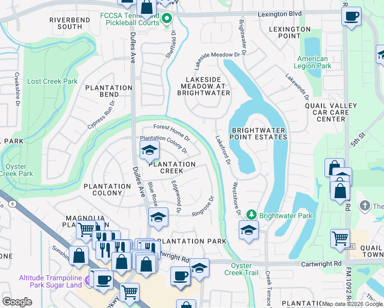 map of restaurants, bars, coffee shops, grocery stores, and more near 4502 Plantation Colony Drive in Missouri City