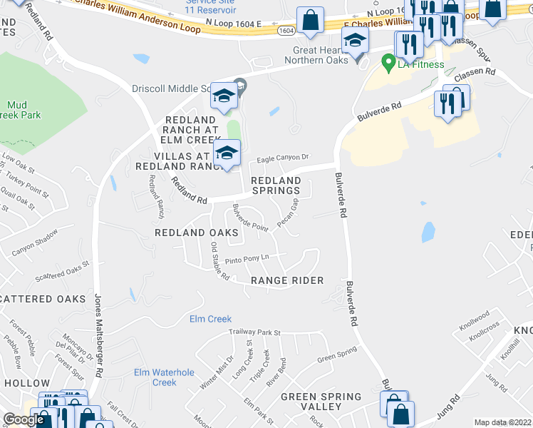 map of restaurants, bars, coffee shops, grocery stores, and more near 16639 Calico Creek Drive in San Antonio