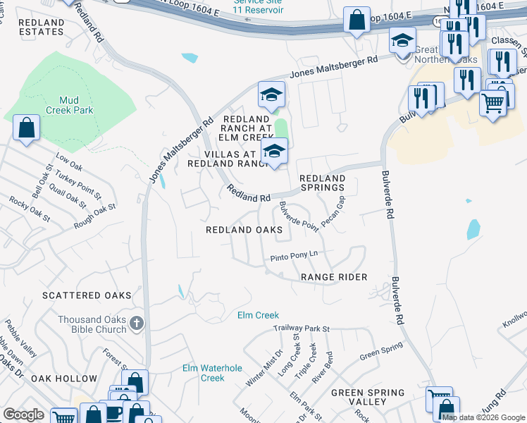 map of restaurants, bars, coffee shops, grocery stores, and more near 16518 Old Stable Road in San Antonio