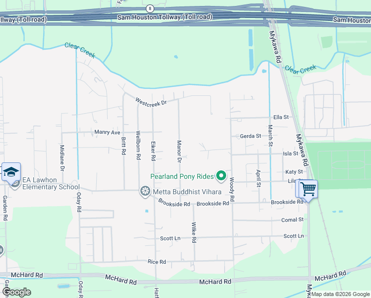 map of restaurants, bars, coffee shops, grocery stores, and more near 12623 Manor Drive in Pearland