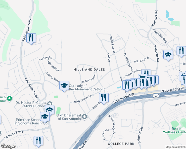 map of restaurants, bars, coffee shops, grocery stores, and more near 15627 Robin Feather in San Antonio
