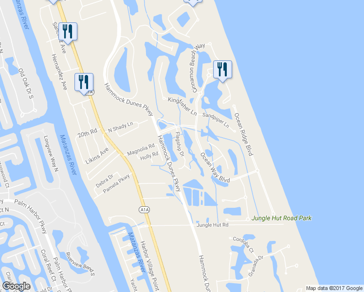 map of restaurants, bars, coffee shops, grocery stores, and more near 15 Flagship Court in Palm Coast