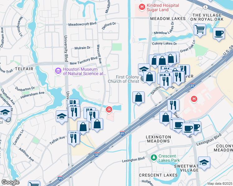 map of restaurants, bars, coffee shops, grocery stores, and more near 1606 Whitfield Street in Sugar Land