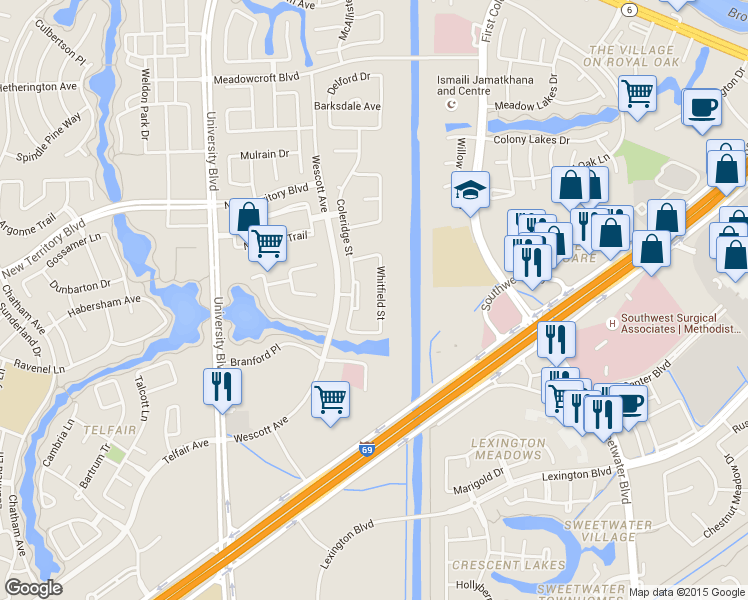 map of restaurants, bars, coffee shops, grocery stores, and more near 1606 Whitfield Street in Sugar Land