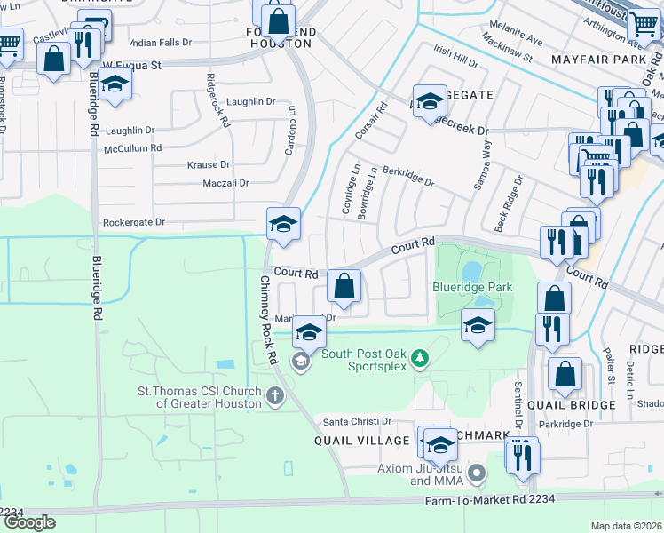 map of restaurants, bars, coffee shops, grocery stores, and more near 16247 Corsair Road in Houston