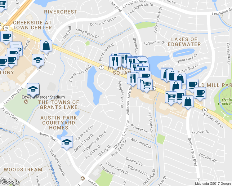 map of restaurants, bars, coffee shops, grocery stores, and more near 2515 Water Rest Drive in Sugar Land