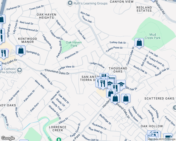 map of restaurants, bars, coffee shops, grocery stores, and more near 16212 Avenida Del Luna in San Antonio