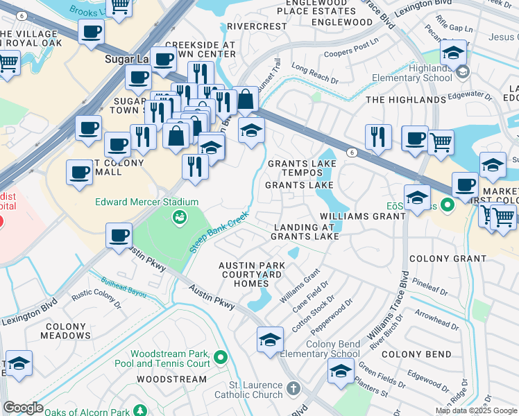 map of restaurants, bars, coffee shops, grocery stores, and more near 2808 Grants Lake Boulevard in Sugar Land