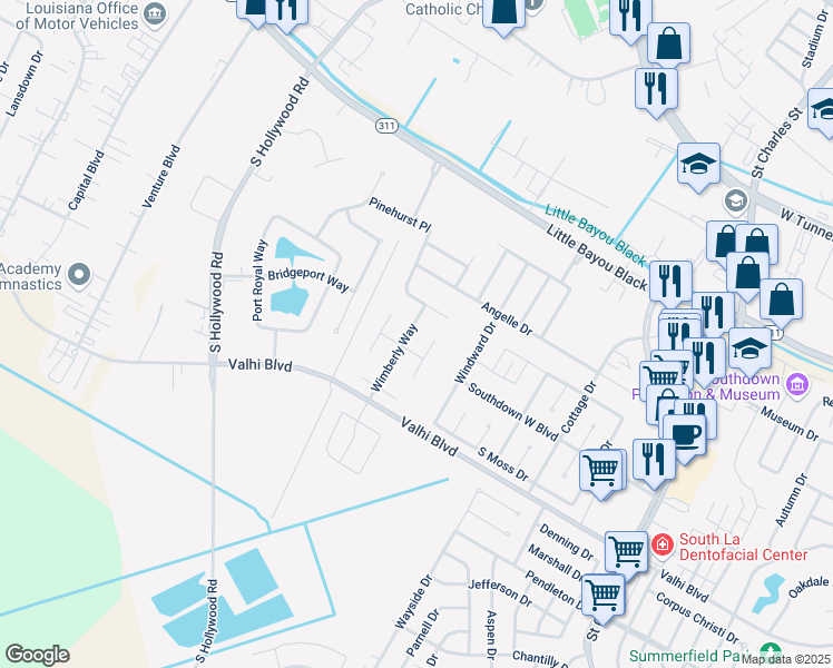 map of restaurants, bars, coffee shops, grocery stores, and more near 121 Wimberly Way in Houma