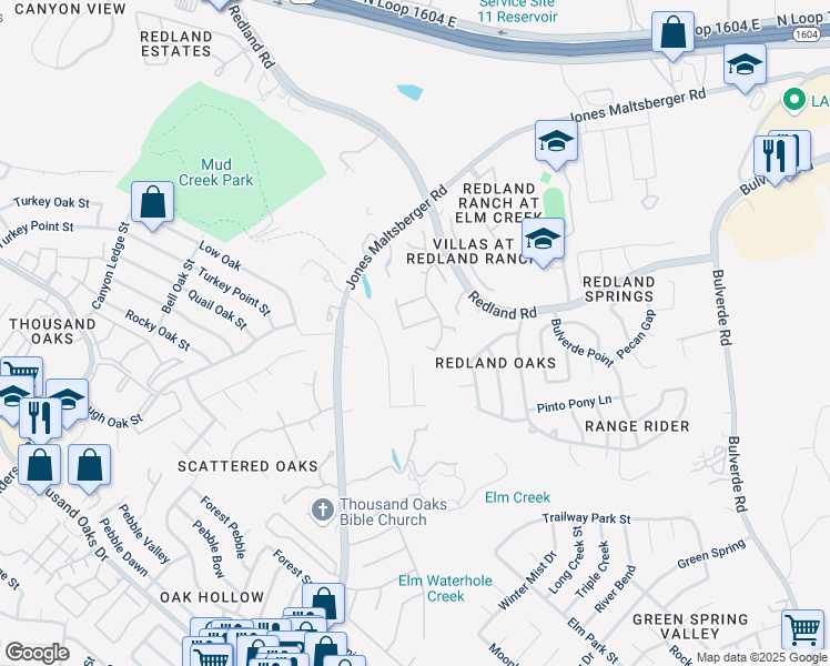 map of restaurants, bars, coffee shops, grocery stores, and more near 3110 Pinto Pass in San Antonio