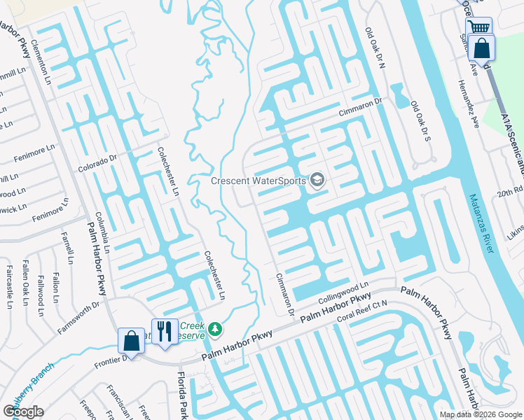 map of restaurants, bars, coffee shops, grocery stores, and more near 2 Cedarwood Court in Palm Coast