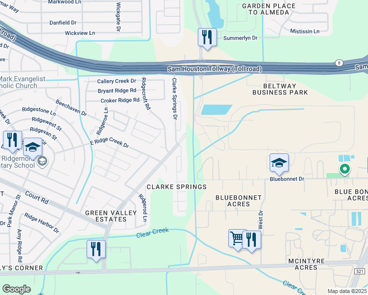 map of restaurants, bars, coffee shops, grocery stores, and more near 15911 Clarke Springs Drive in Houston