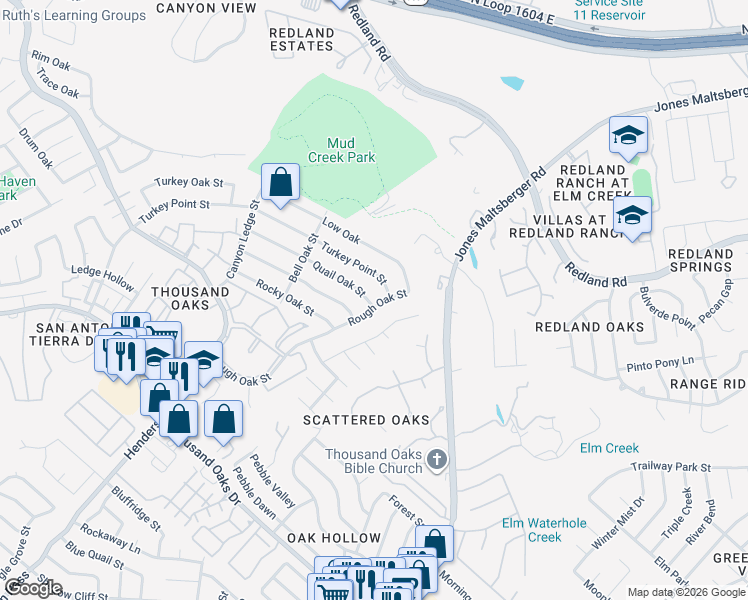 map of restaurants, bars, coffee shops, grocery stores, and more near 2951 Quail Oak Street in San Antonio