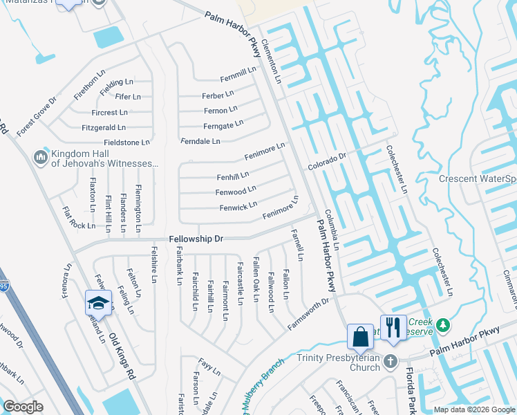 map of restaurants, bars, coffee shops, grocery stores, and more near 21 Fenwick Lane in Palm Coast