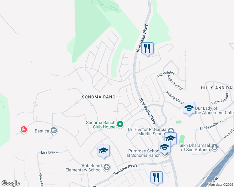 map of restaurants, bars, coffee shops, grocery stores, and more near 15607 Luna Ridge in Helotes