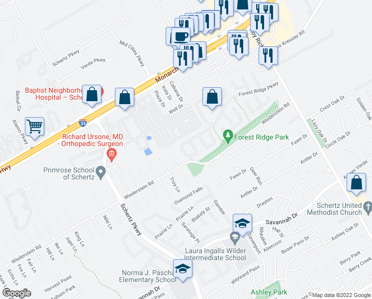 map of restaurants, bars, coffee shops, grocery stores, and more near 4508 West Fork Drive in Schertz