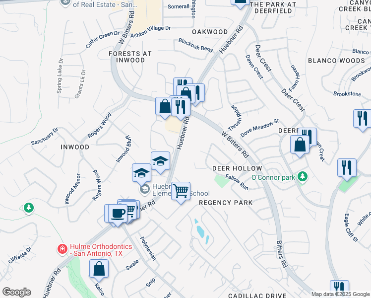 map of restaurants, bars, coffee shops, grocery stores, and more near 2023 Flint Oak in San Antonio