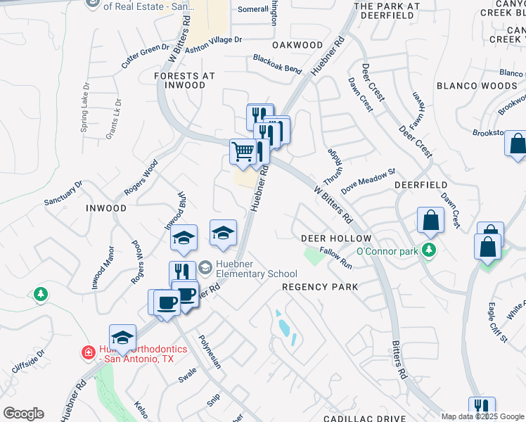 map of restaurants, bars, coffee shops, grocery stores, and more near 2023 Flint Oak in San Antonio