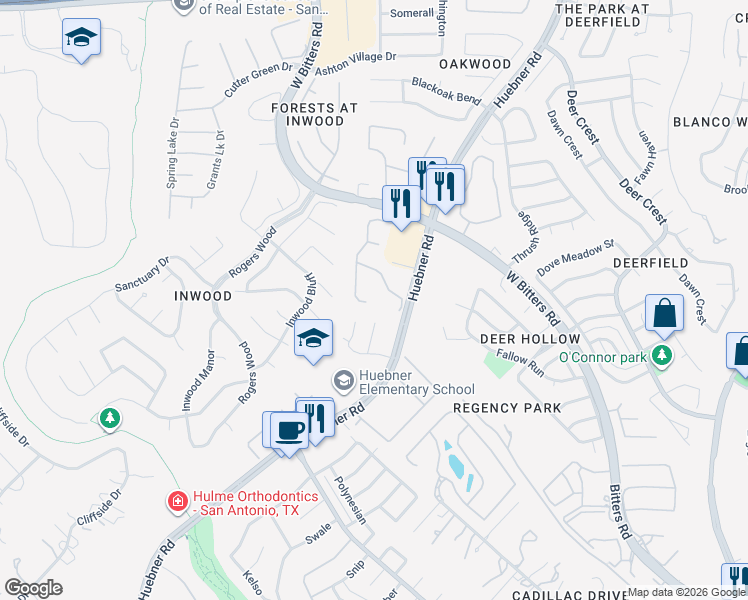 map of restaurants, bars, coffee shops, grocery stores, and more near 23 South Inwood Heights Drive in San Antonio
