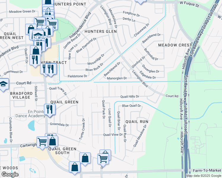 map of restaurants, bars, coffee shops, grocery stores, and more near 16319 Quail Echo Drive in Missouri City