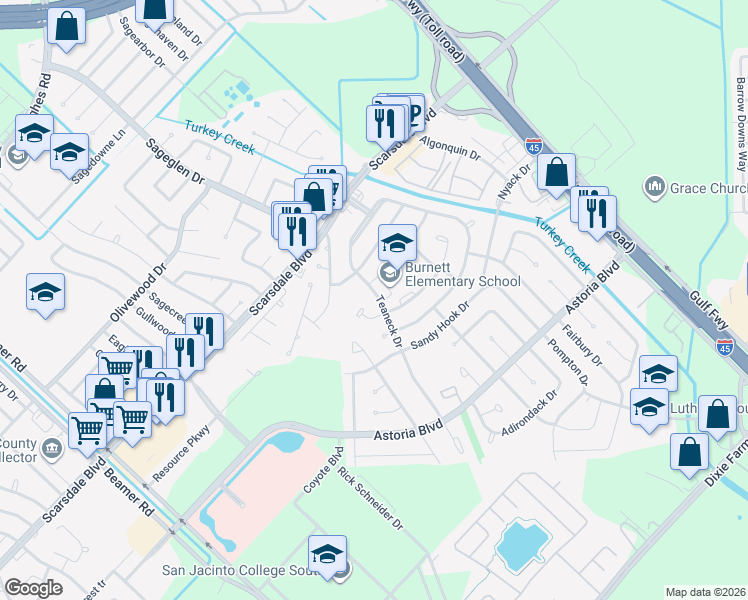 map of restaurants, bars, coffee shops, grocery stores, and more near 11822 Teaneck Drive in Houston