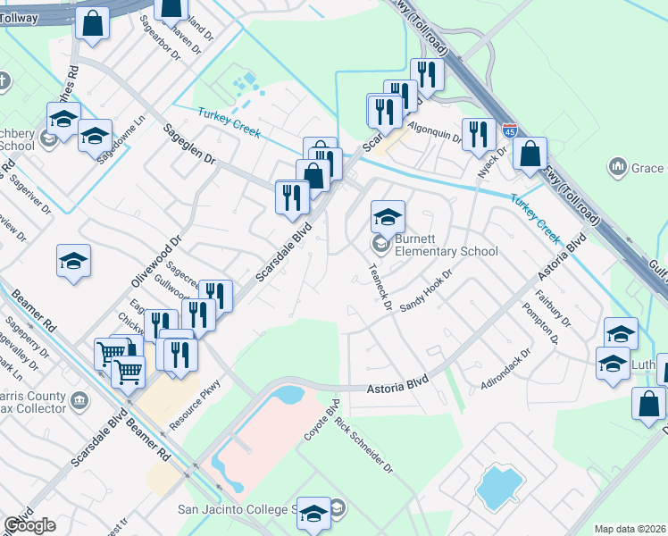 map of restaurants, bars, coffee shops, grocery stores, and more near 11426 Davenwood Drive in Houston