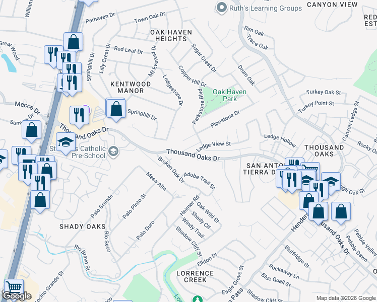 map of restaurants, bars, coffee shops, grocery stores, and more near 2053 Thousand Oaks Drive in San Antonio