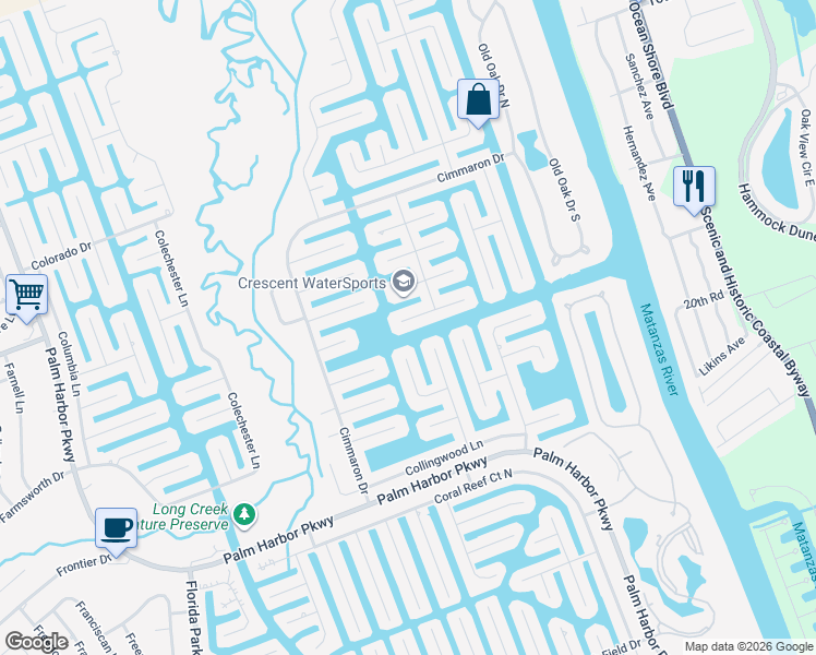map of restaurants, bars, coffee shops, grocery stores, and more near 28 Crossbow Court in Palm Coast