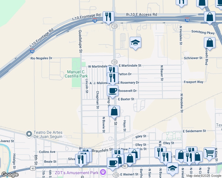 map of restaurants, bars, coffee shops, grocery stores, and more near 2108 North Austin Street in Seguin