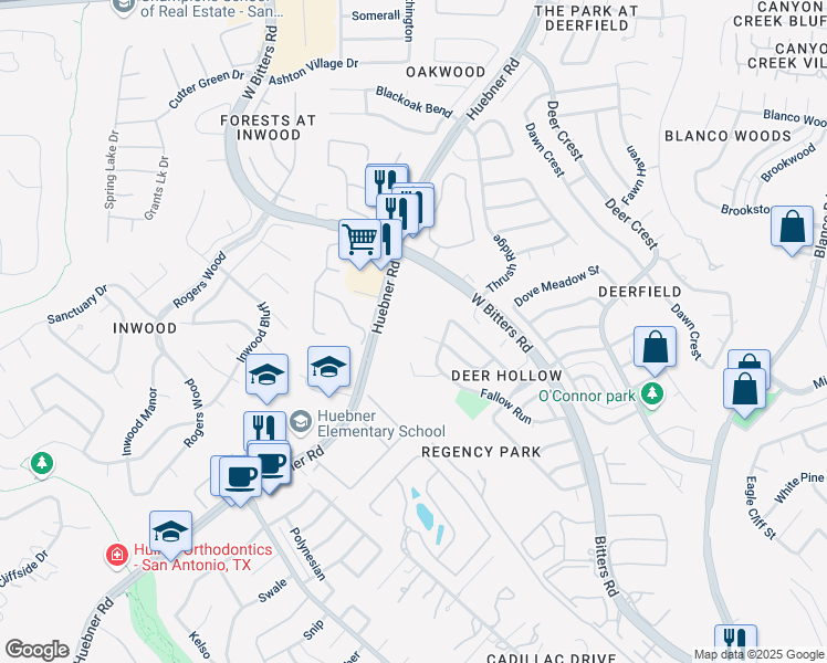 map of restaurants, bars, coffee shops, grocery stores, and more near 2023 Flint Oak in San Antonio