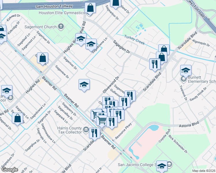 map of restaurants, bars, coffee shops, grocery stores, and more near 11483 Olivewood Drive in Houston