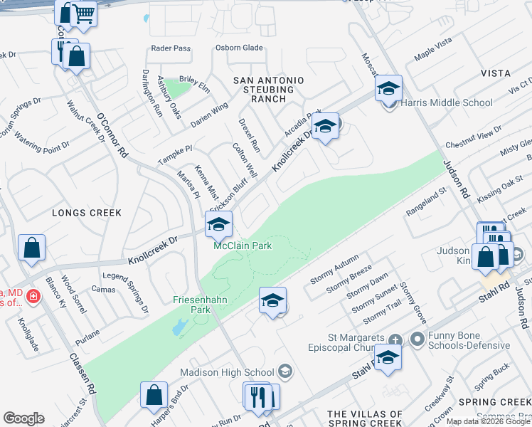 map of restaurants, bars, coffee shops, grocery stores, and more near 5234 Sagerock Pass in San Antonio