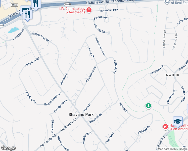 map of restaurants, bars, coffee shops, grocery stores, and more near 110 Saddletree Road in Shavano Park