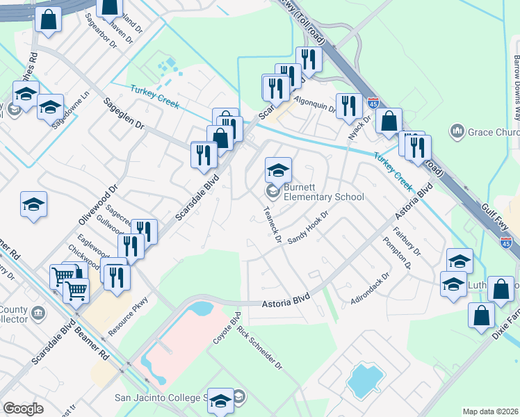 map of restaurants, bars, coffee shops, grocery stores, and more near 11822 Teaneck Drive in Houston