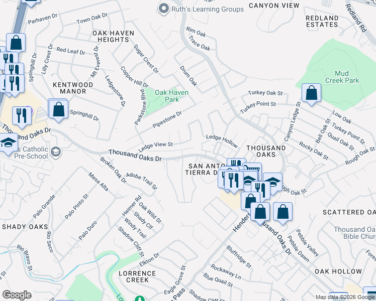 map of restaurants, bars, coffee shops, grocery stores, and more near 2306 Cardigan Hill in San Antonio