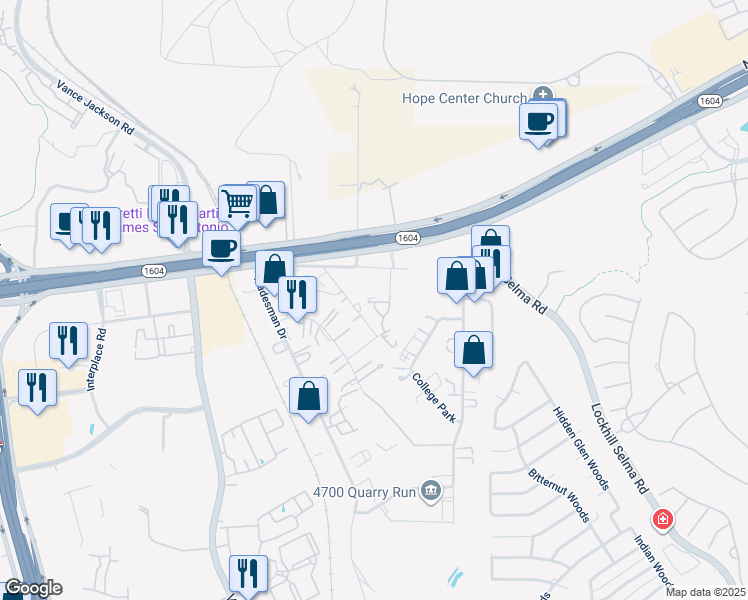 map of restaurants, bars, coffee shops, grocery stores, and more near 15620 Lou Mell in San Antonio