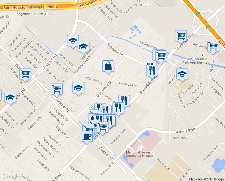 map of restaurants, bars, coffee shops, grocery stores, and more near 11527 Sagecreek Drive in Houston