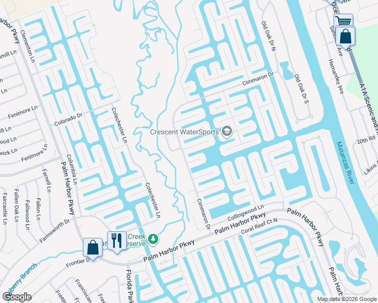 map of restaurants, bars, coffee shops, grocery stores, and more near 2 Cedarwood Court in Palm Coast