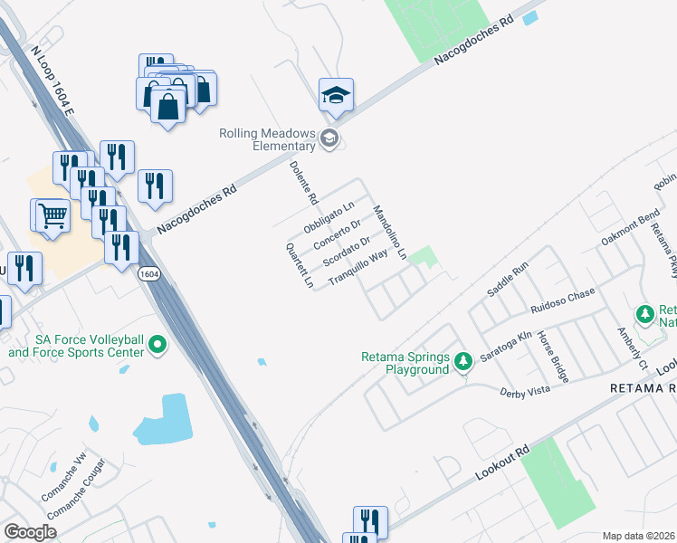 map of restaurants, bars, coffee shops, grocery stores, and more near 7350 Tranquillo Way in San Antonio