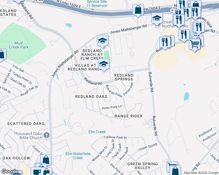 map of restaurants, bars, coffee shops, grocery stores, and more near 16426 Bulverde Point in San Antonio