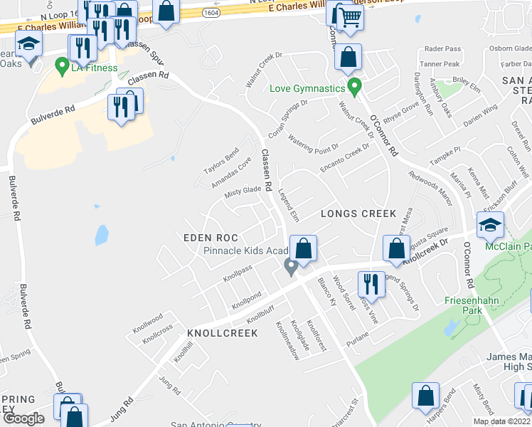 map of restaurants, bars, coffee shops, grocery stores, and more near 16807 Winding Oak Drive in San Antonio