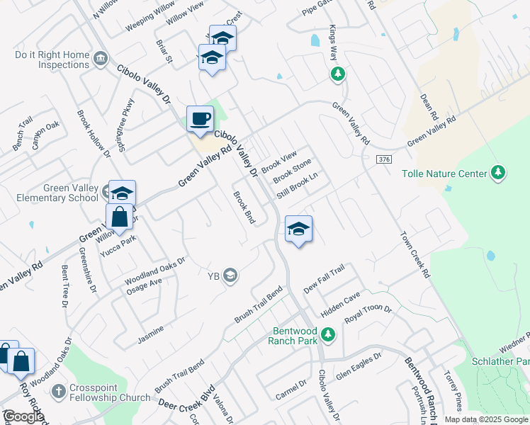 map of restaurants, bars, coffee shops, grocery stores, and more near 128 Green Brook Place in Cibolo