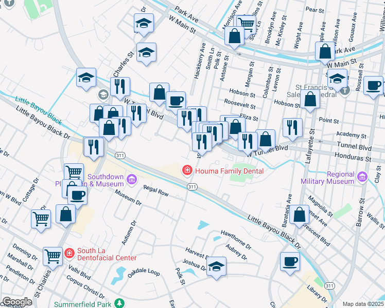 map of restaurants, bars, coffee shops, grocery stores, and more near 100 Melissa Lane in Houma