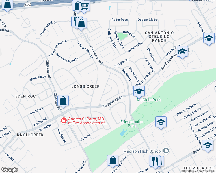 map of restaurants, bars, coffee shops, grocery stores, and more near 15829 Spyglass Trail in San Antonio