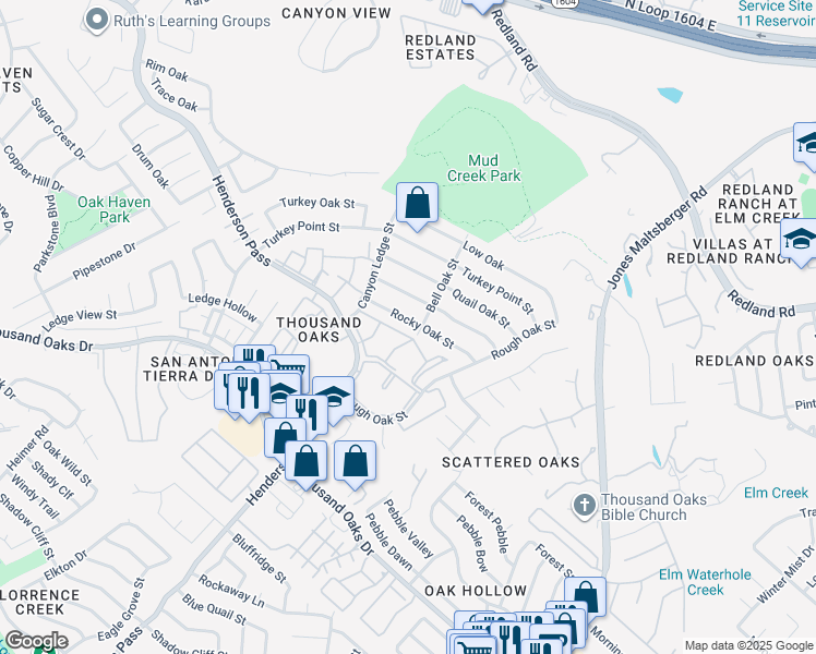map of restaurants, bars, coffee shops, grocery stores, and more near 2830 Rocky Oak Street in San Antonio