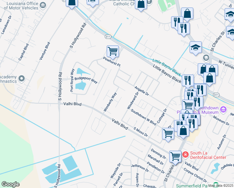 map of restaurants, bars, coffee shops, grocery stores, and more near 121 Wimberly Way in Houma