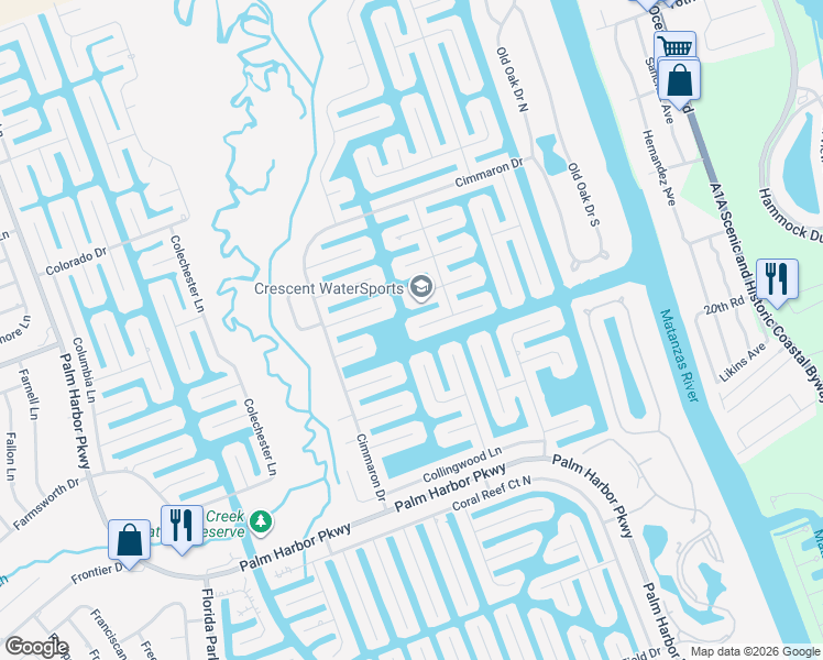 map of restaurants, bars, coffee shops, grocery stores, and more near 28 Crossbow Court in Palm Coast